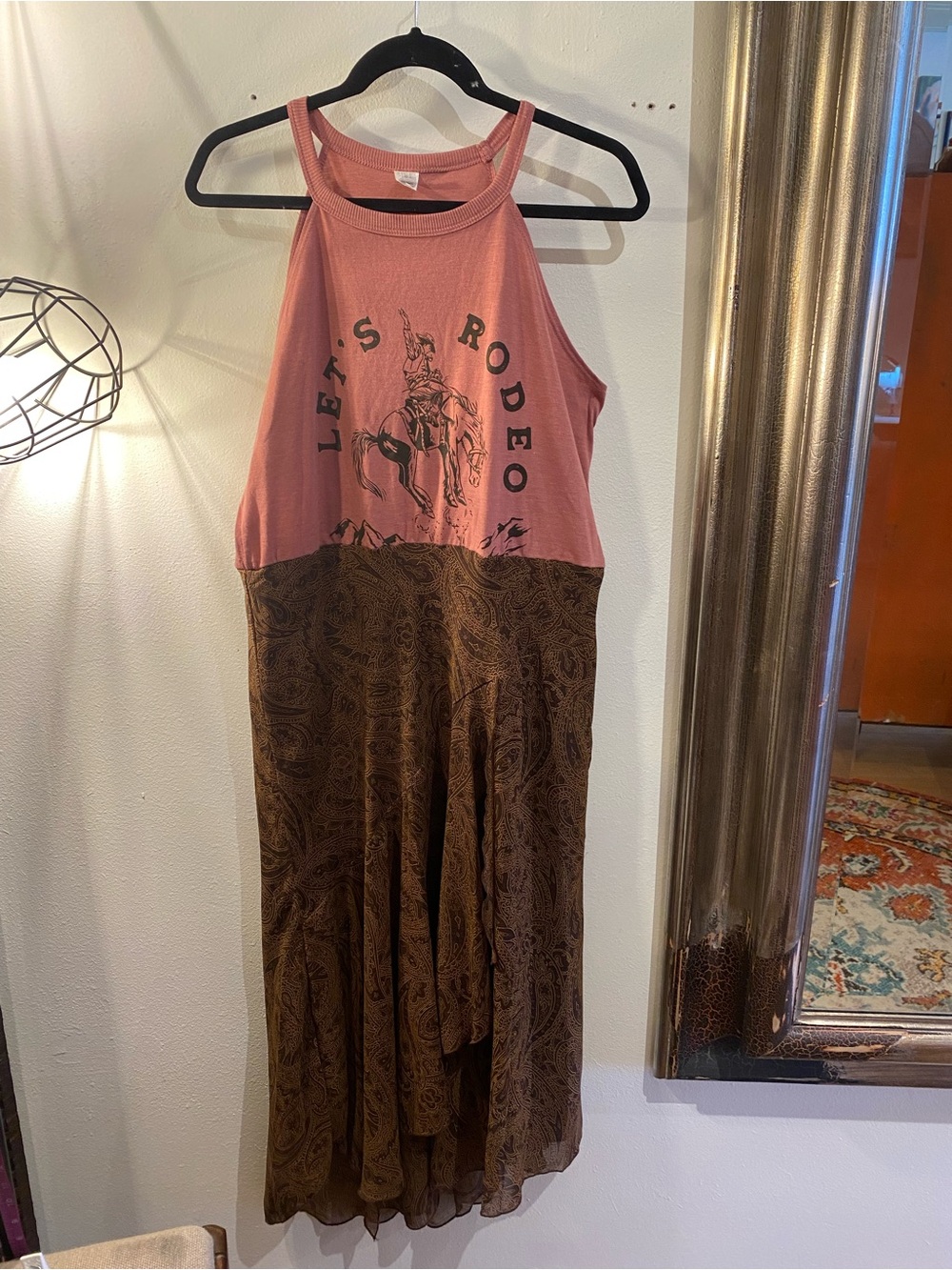OOAK Upcycled “Let's Rodeo" Pink Halter Top Brown Paisley Maxi Dress